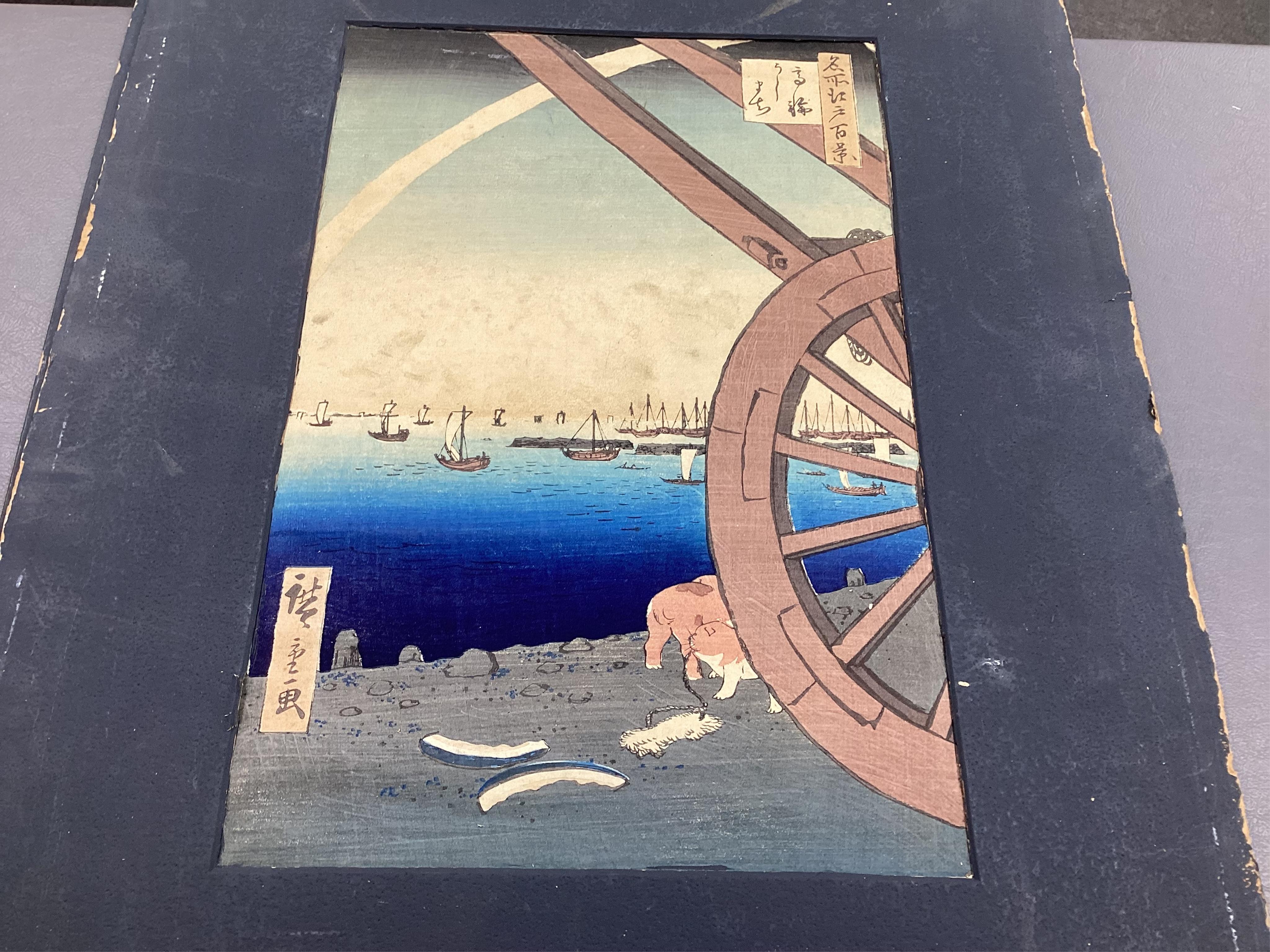 After Utagawa Hiroshige , Komagata Hall & Azumja Bridge and Ushimachi Takanawa, Two woodblock prints, 33.5cm x 22cm